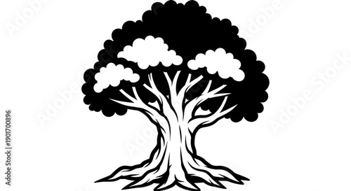 Stylized Black and White Tree Silhouette with Visible Roots and Crown