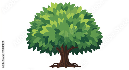 Stylized Green Tree Illustration with Lush Foliage and Visible Roots