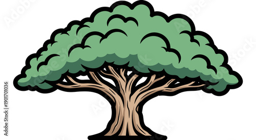 Stylized Illustration of a Large, Lush Green Tree with Thick Trunk and Branches