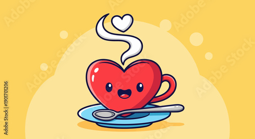 Cute red heart-shaped cup with steaming hot beverage and a spoon on a saucer, evoking cozy warmth and love on a vibrant yellow background.