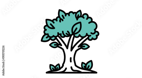 Stylized Tree Icon with Turquoise Leaves and Simple Cartoon Style