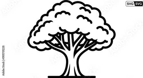 Stylized Tree Icon with Thick Trunk and Leafy Canopy, Black and White Line Art