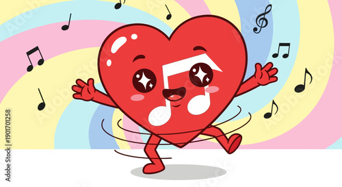 Happy red heart character cheerfully dancing with musical notes on a vibrant rainbow striped background.