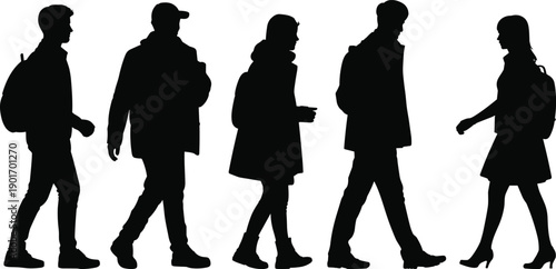 Group of Student and Commuter Silhouettes Walking with Backpacks Isolated on White Background for Education Lifestyle and Urban Motion Graphic Design Projects
