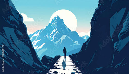 Breakthrough moment approaching summit beneath glowing sky. Achievement focused journey reaching ultimate mountain goal. Triumphant path illustration symbolizing success realization
