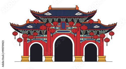 Traditional Chinese Gate with Red Lanterns, Asian Architecture, Festive Decoration