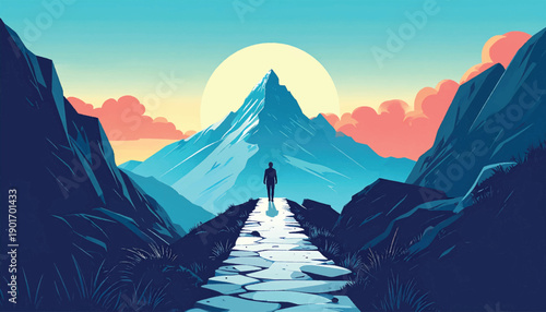 Mission driven journey ascending toward iconic mountain destiny. Purposeful path illustration symbolizing long term commitment. Vision focused ascent scene guiding figure toward summit