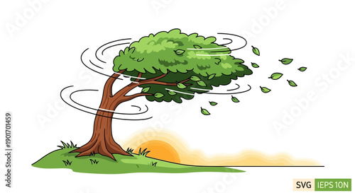 Tree Bending in Strong Wind, Blowing Leaves, Sunrise Background