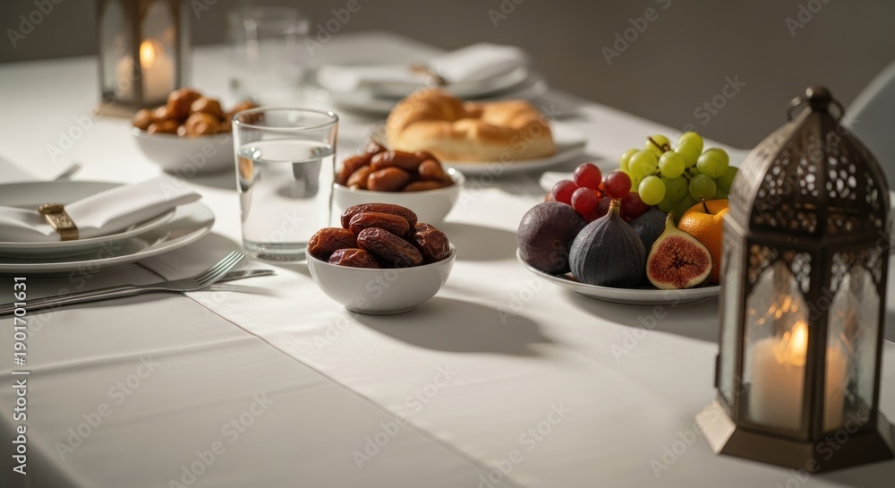 Naklejka premium Ramadan iftar table setting with dates and fruits