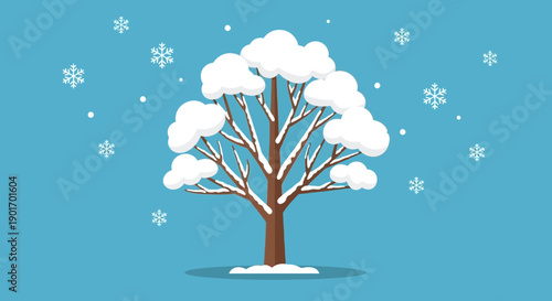Winter Tree with Snowflakes Falling on Blue Background