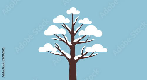 Winter Tree with Snowflakes Against Blue Sky - Minimalist Vector Illustration