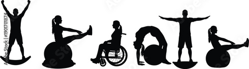 Black fitness silhouettes of people exercising with yoga balls and balance boards, including a woman in a wheelchair, for inclusive wellness, isolated.