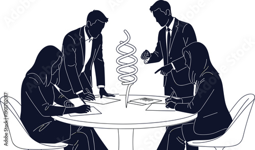 Black business silhouettes featuring corporate professionals in a team meeting, group discussion, brainstorming around a table, and professional office collaboration, isolated.