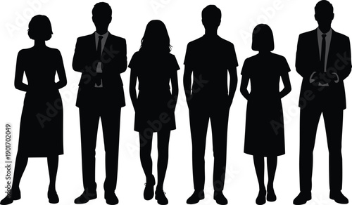 Professional silhouettes of business people standing in a row for corporate team group portrait isolated on white background for leadership