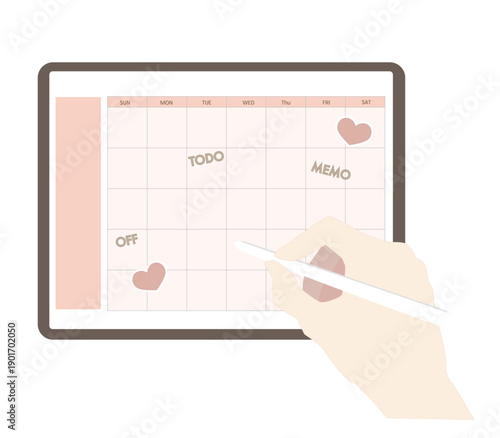 タブレットでカレンダーにペン入力するデジタルプランナーのモックアップ_デジタルステッカー