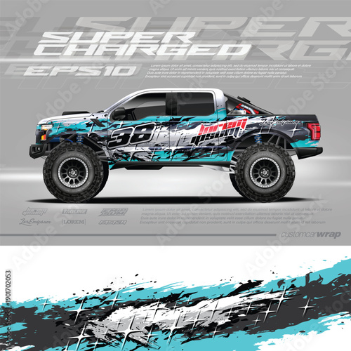 Monster truck decal, cargo van and car wrap vector, Graphic abstract grunge stripe designs for wrap branding vehicle.