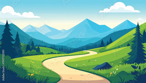 Fresh journey path winding through green mountain countryside. Optimistic landscape illustration symbolizing growth direction. Peaceful rural route concept inspiring forward movement