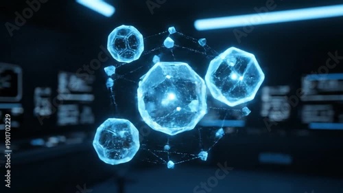 Abstract glowing blue crystalline molecular structure floats as a futuristic holographic interface display in a dark digital laboratory environment showcasing quantum science.