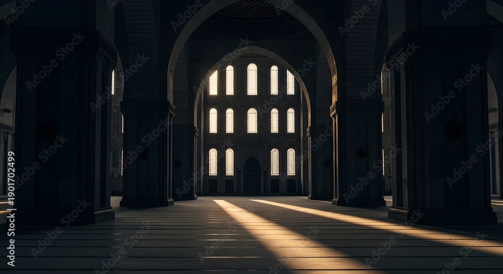 Fototapeta premium Large arched doorway inside a dark mosque interior with soft light entering through tall windows, creating a quiet, sacred atmosphere of solitude, depth, and spiritual reflection.