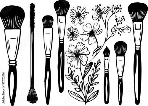 Beauty tools and floral decoration: A black and white illustration of essential makeup tools, meticulously arranged alongside delicate floral embellishments, a perfect blend of beauty and artistry.