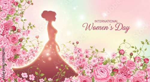 International women's day celebration with pink flowers and woman silhouette in elegant dress