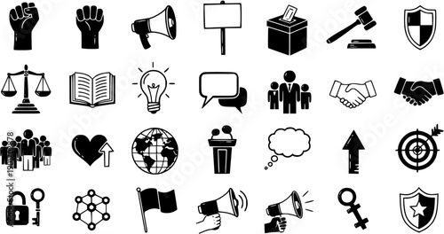 Hand-drawn Glyph Icons Collection for Social and Political Concepts, Communication, Justice, and Activism, Black and White Doodles