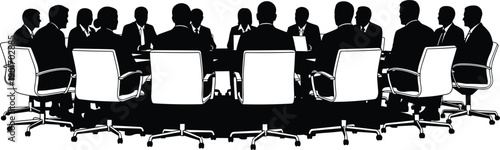 Corporate Boardroom Meeting with Executive Team Discussing Business Strategy, Leadership Collaboration and Professional Management Around Conference Table in Modern Office