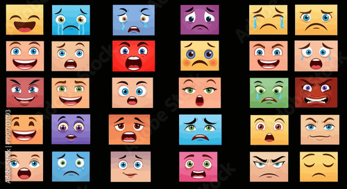 Collection of Square Emoji Faces Displaying Diverse Expressions on Black Background