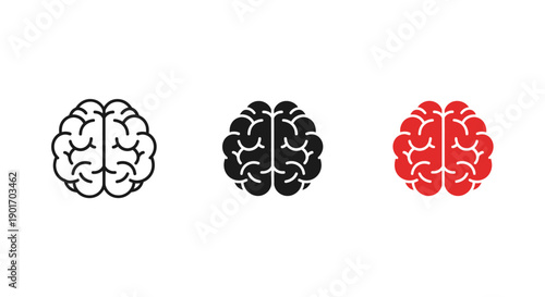 Three Brain Icons in Outline, Solid Black, and Solid Red Styles Representing Intelligence and Thinking on an Isolated White Background