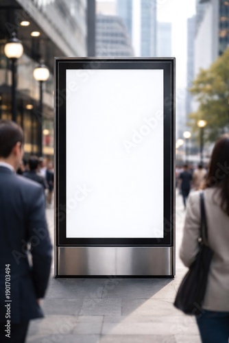Vertical Blank Billboard Mockup on Busy City Sidewalk with Blurred Pedestrians and Business People Walking. Empty Poster Display for Urban Advertisement and Branding Template in Daylight.