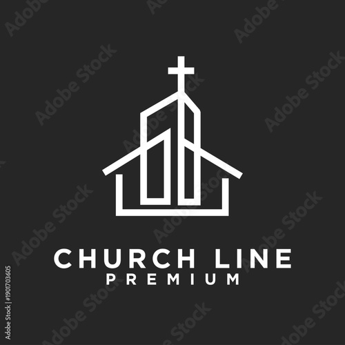 Modern Minimalist Church Line Art Logo with Christian Cross, Geometric Abstract Graphic Design for Religious Organizations