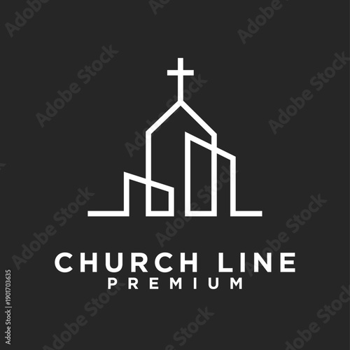 Minimalist Church Line Art Logo with Christian Cross on Dark Background