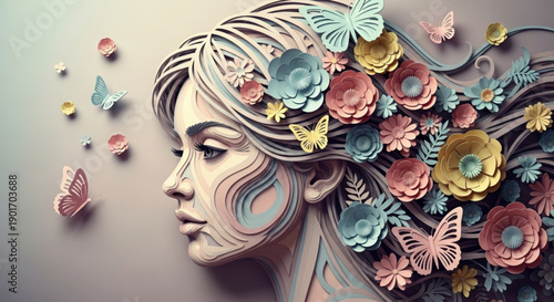 Woman's face decorated with colorful flowers and butterflies representing spring and freedom