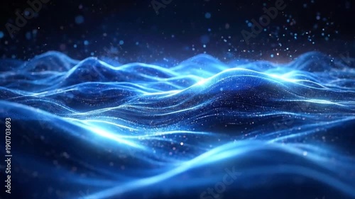 Abstract blue waves flowing with glowing particles, creating a dynamic and futuristic background.