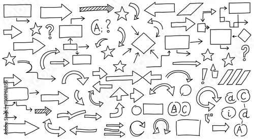 Hand Drawn Doodle Arrows and Diagram Elements for Flowcharts and UI Design on an Isolated White Background
