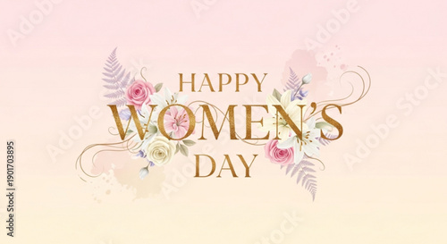 Happy women's day greeting card with floral design and gold text on pink background