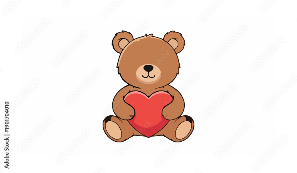 Obraz premium Fluffy Teddy Bear Holding Red Heart Cute Romantic Plush Toy Character Vector Illustration
