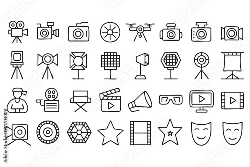 Professional Filmmaking Tools and Media Icons in Monochrome