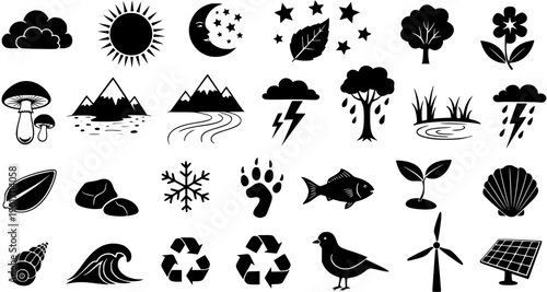 Nature and Environment Glyph Icons Set. Black Solid Symbols of Ecology, Weather, Natural Resources, and Renewable Energy for Sustainability Design.