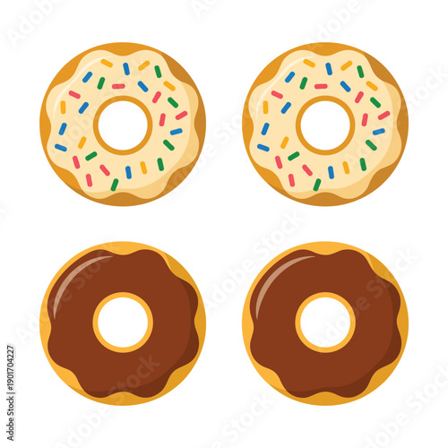 Assorted donuts vector icons with sprinkle glaze and chocolate rings, sweet bakery dessert set for menu, poster, sticker design