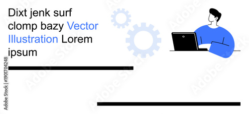 Workflow optimization, teamwork, remote work, business productivity, technology management, content creation. Person working on a laptop, with gear icons. Workflow optimization and teamwork visual