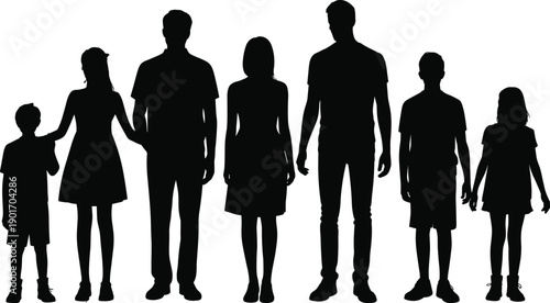 Silhouette of a large happy family with parents and children standing together in a row isolated on a white background