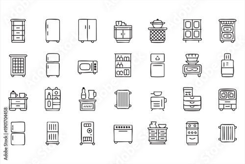 Modern Kitchen Appliance and Cabinet Line Icons Set