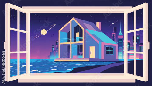 Illustration Of A Futuristic Home Window That Can Change Views Galaxies, Oceans, Neon Cityscapes With Simple Hand Gestures Vector Design Template