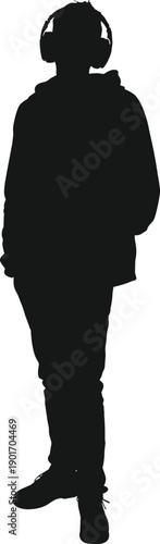 Silhouette of a young man wearing headphones and a hoodie standing in a relaxed pose isolated on a white background