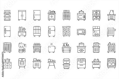 Household Kitchen Equipment Outline Icons Collection
