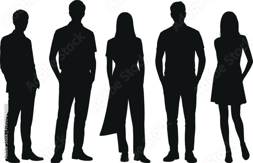 Silhouette of diverse professional group of men and women standing in confident poses isolated on white background for corporate teamwork