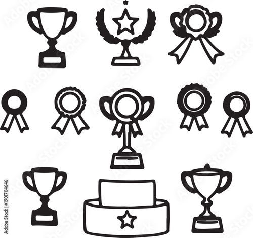 Vector illustration featuring a variety of trophy icons, symbolizing awards and accomplishments in a cohesive design