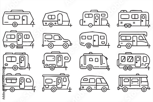 Motorhome and Caravan Line Icons for Travel Applications