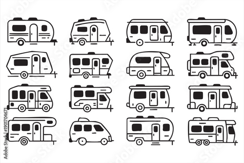 Camping Trailer and RV Outline Icons for Web and App Design